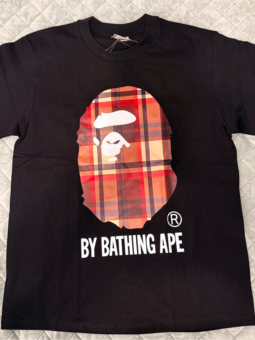By Bathing Ape Black Short Sleeve Tee with Red Orange Plaid Ape Graphic